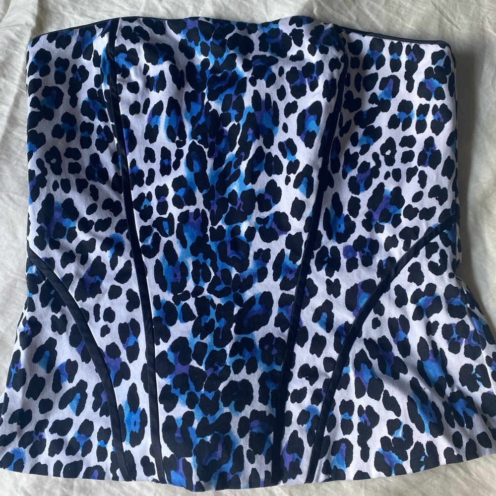 White House Black Market Strapless Top with Blue and Black Pattern